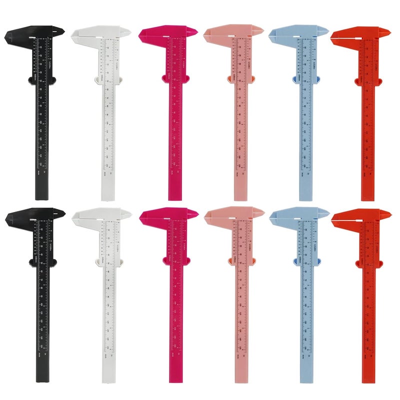 TNJPSEK 12 Pack Plastic Vernier Caliper, 150mm Eyebrow Measuring Tool, Mini Sliding Ruler Caliper Gauge for Students DIY Crafts School Office Tattoo Eyebrow Artists Use (6 Color, 0-6"/0-150mm) - Image 1